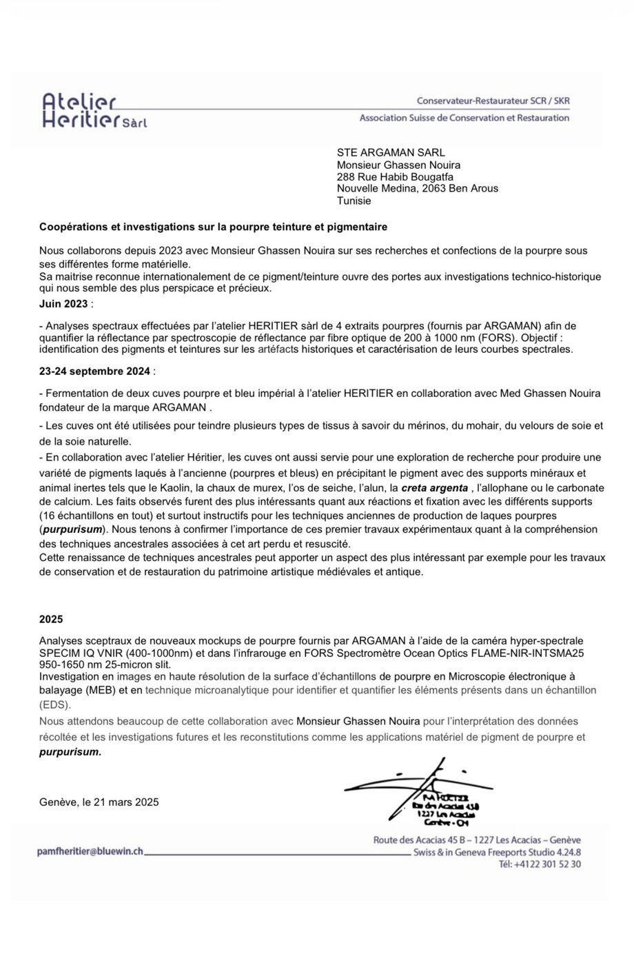 Letter from Atelier Héritier, Geneva