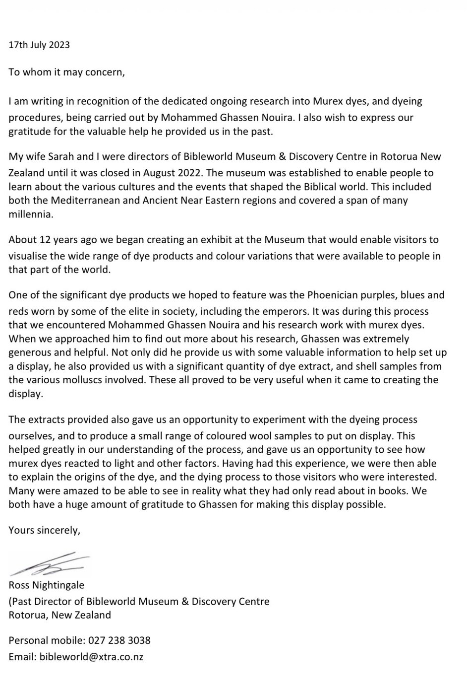 Letter from Bibleworld Museum, New Zealand