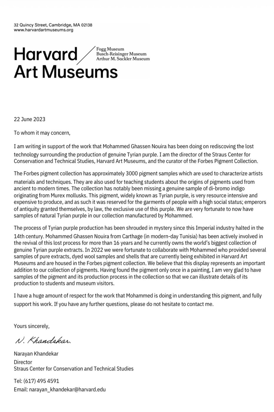 Letter from Harvard Art Museums