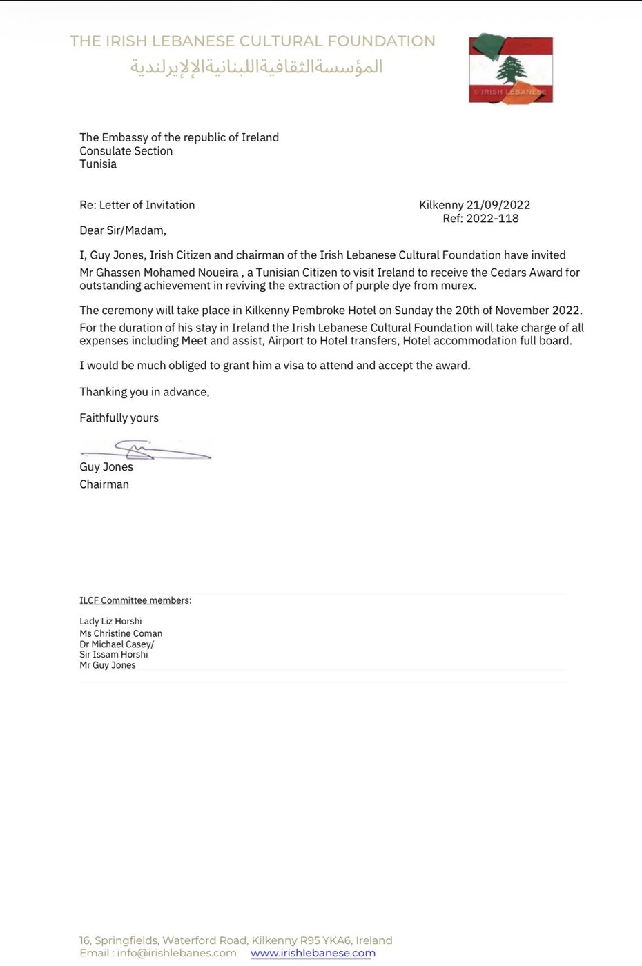 Letter from Irish Lebanese Cultural Foundation