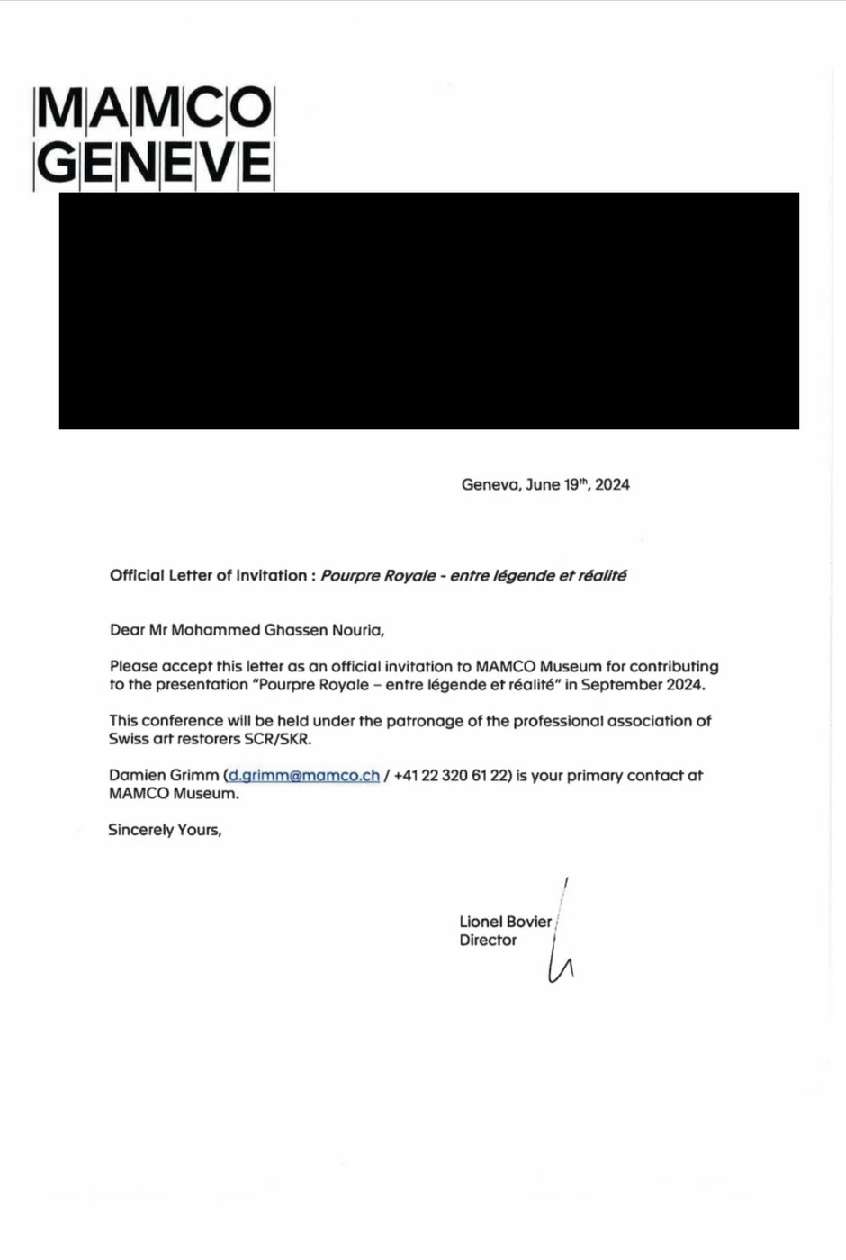 Letter from MAMCO Geneva
