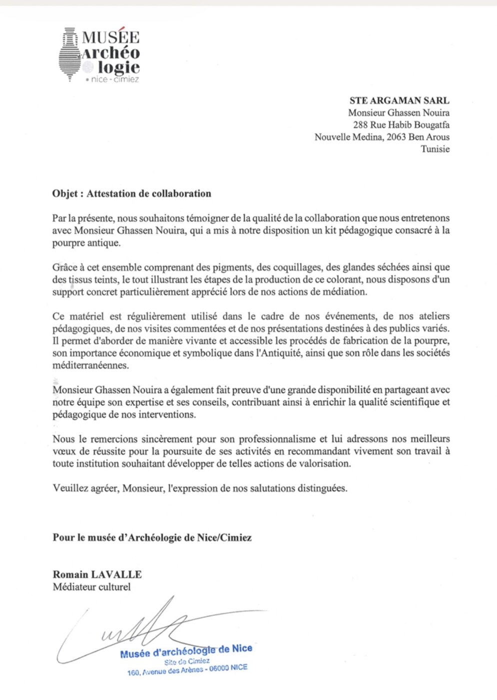 Letter from Musée d'Archéologie de Nice