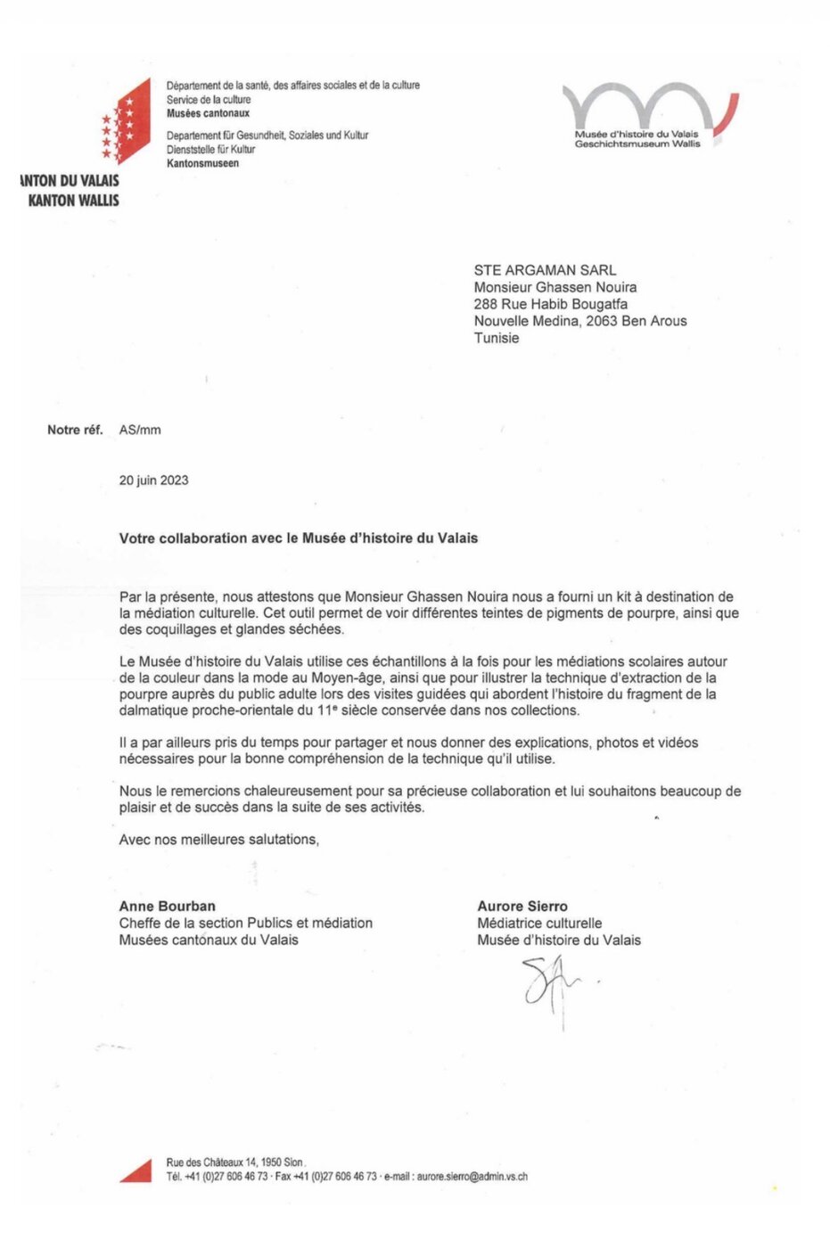Letter from Musée d'histoire du Valais