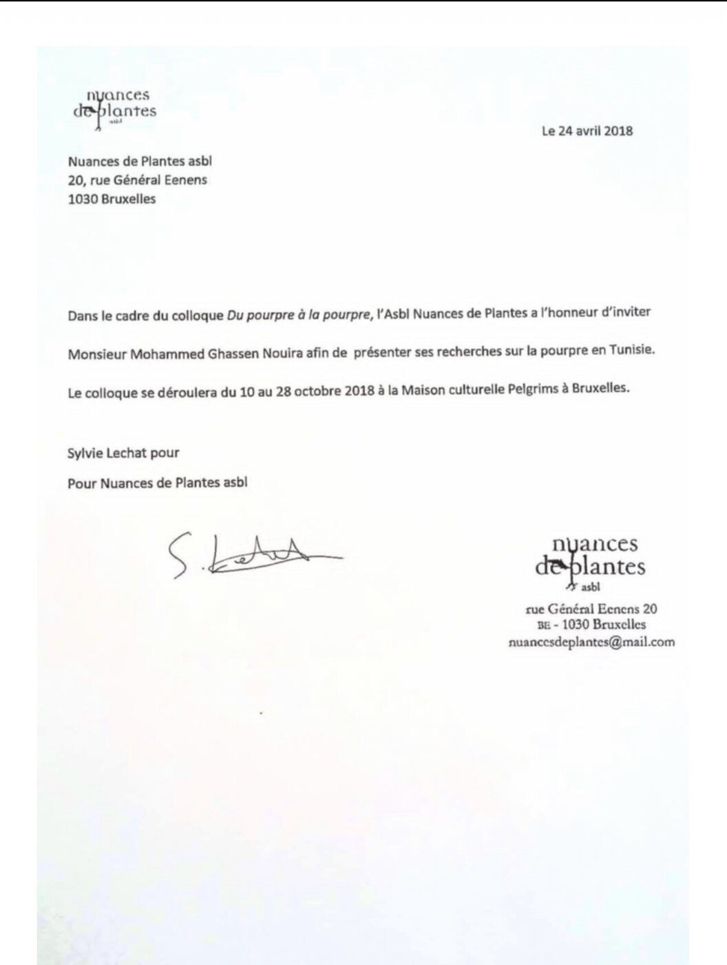 Letter from Nuances de Plantes, Brussels