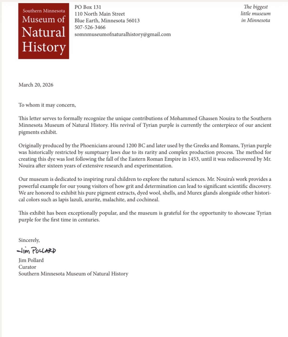 Letter from Southern Minnesota Museum of Natural History